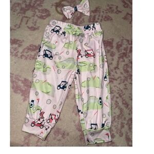 Girls Golf Print Pants Joggers Size 3-6 Months with Matching Headband